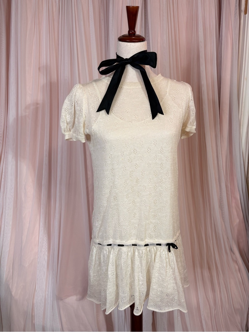 RED VALENTINO White Black Knit Puff Sleeve Shift Mini Dress S
